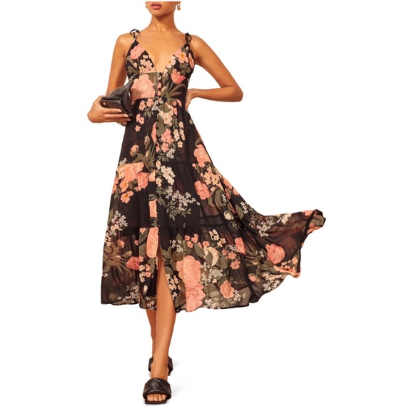 Reformation Jaden Floral Front Button Tiered Dress